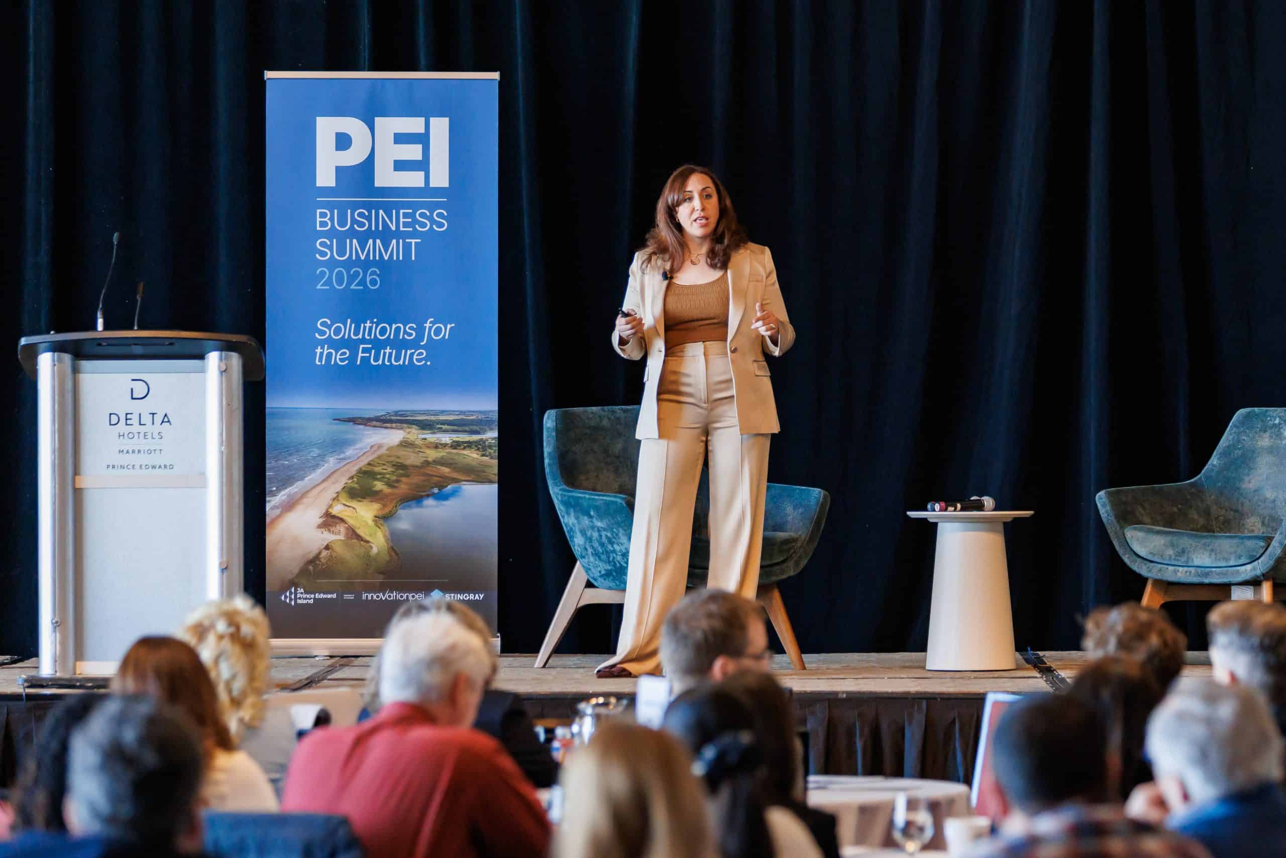 Suzanne Knight delivering the keynote talk at the Prince Edward Island Business Summit in Charlottetown. The topic was Artificial Intelligence (AI).